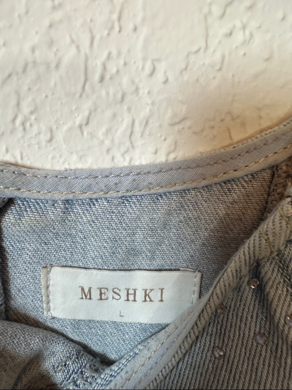 Meshki Light Blue Rhinestone Embellished Denim Mini Dress - Picture 2 of 5